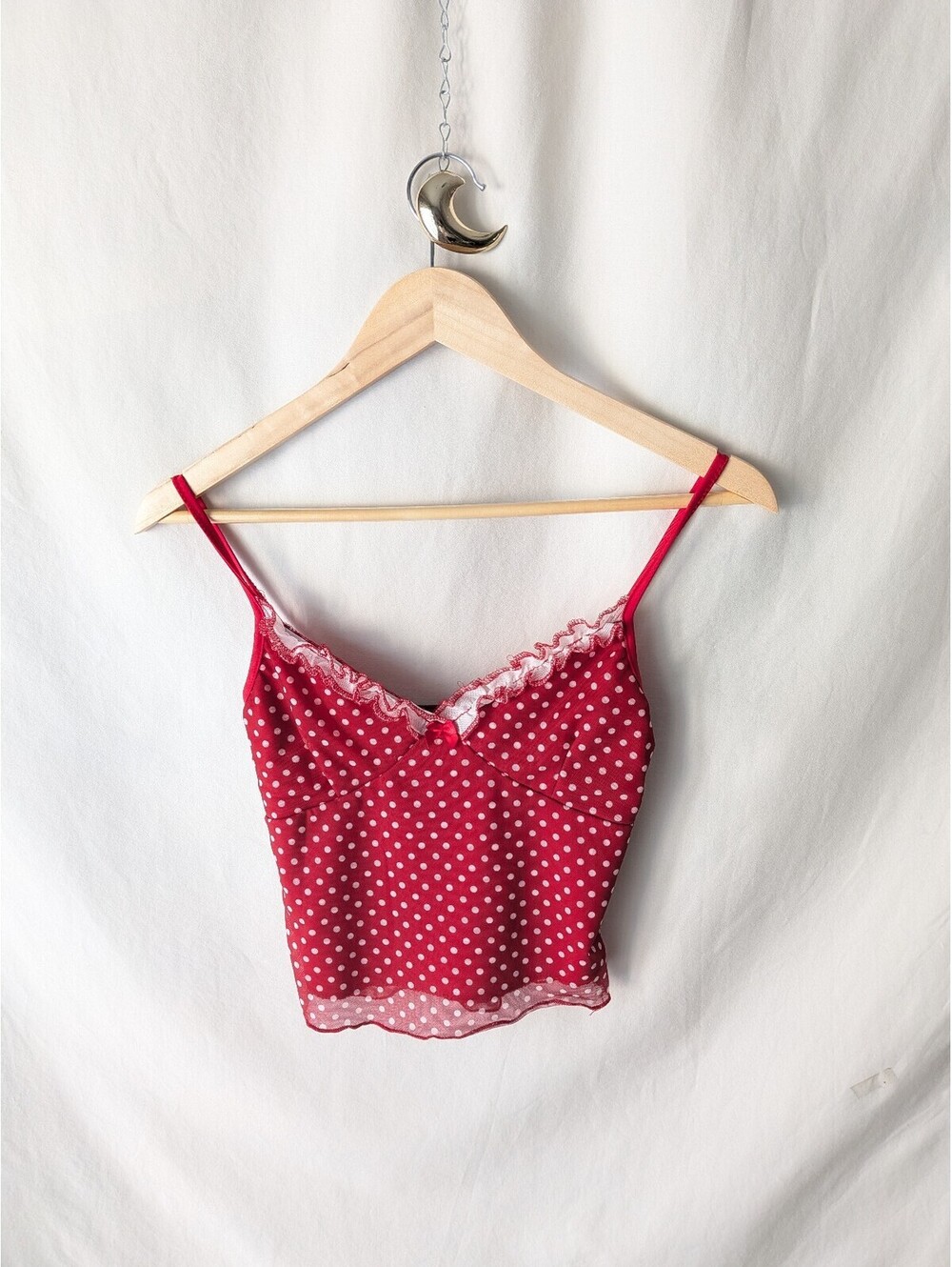 Red polka dot mesh cami top with bow detail
